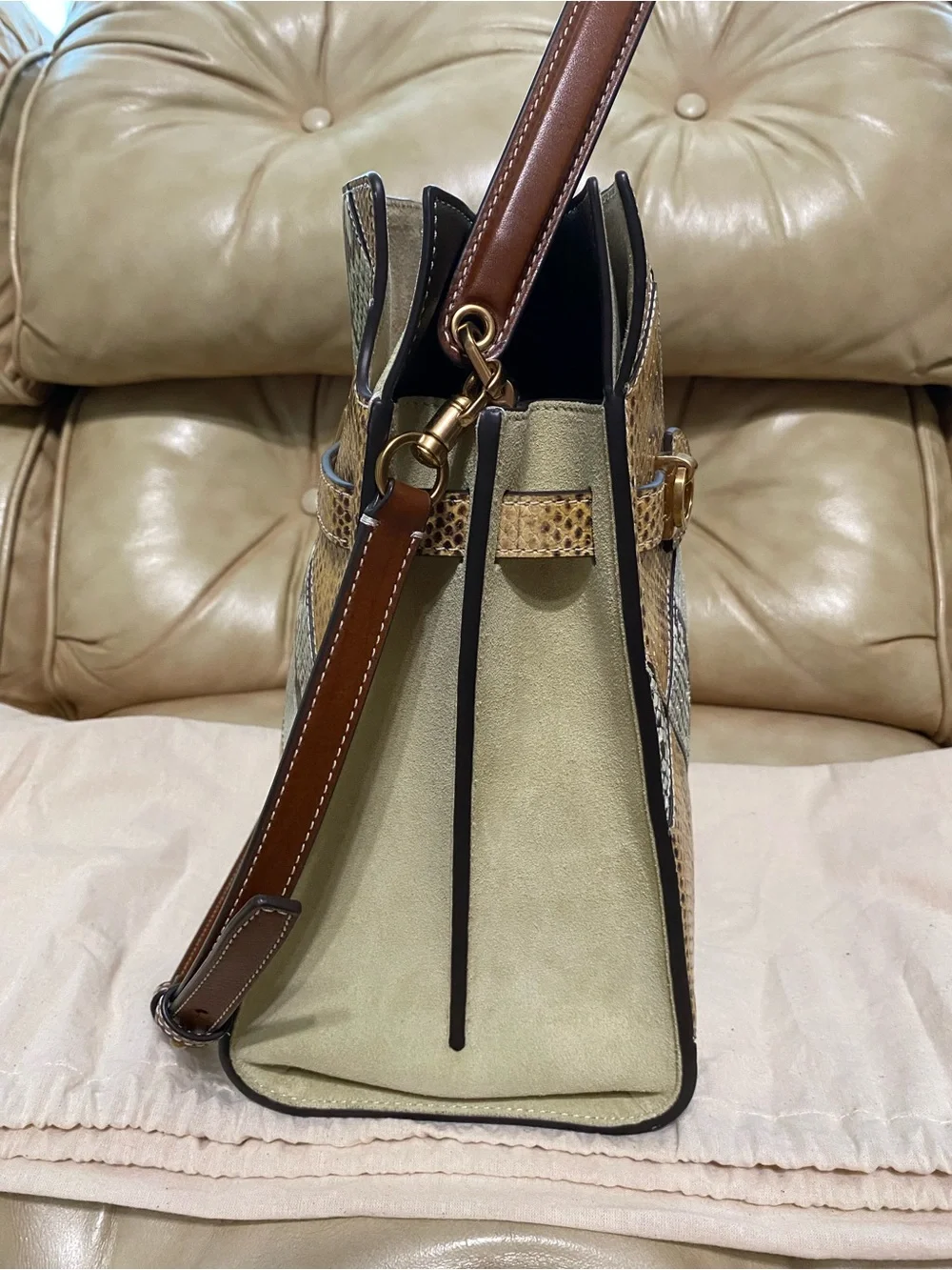 LKNW Tory Burch Lee Radziwill Large Double Bag Leather Snake Python Green Beige